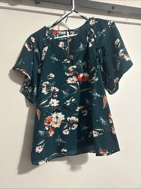Annabelle Teal Floral Keyhole Blouse